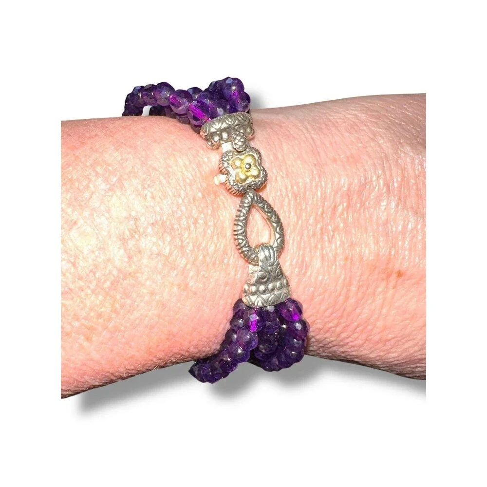 BRACELET BARBARA BIXBY AMETHYST GEMSTONE  FLOWER Multi-Strand SS 18K Box & Pouch